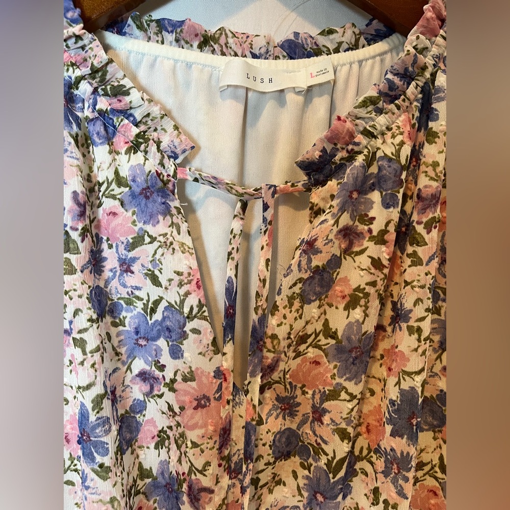 NWT- LUSH Floral Print Short Sleeve Dress w.Elasticated Waist&Frill Collar- Sz L - Picture 5 of 12